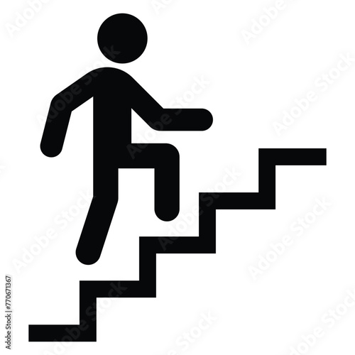 Stairs icon. Walking up staircase or stairs sign flat vector icon for apps and print. Man climbing stairs. Black silhouette. Vector illustration.