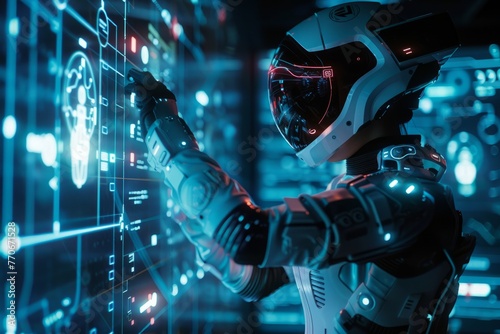 A man wearing a futuristic exoskeleton suit interacts with virtual data interfaces symbolizing enhancement © Ilia Nesolenyi