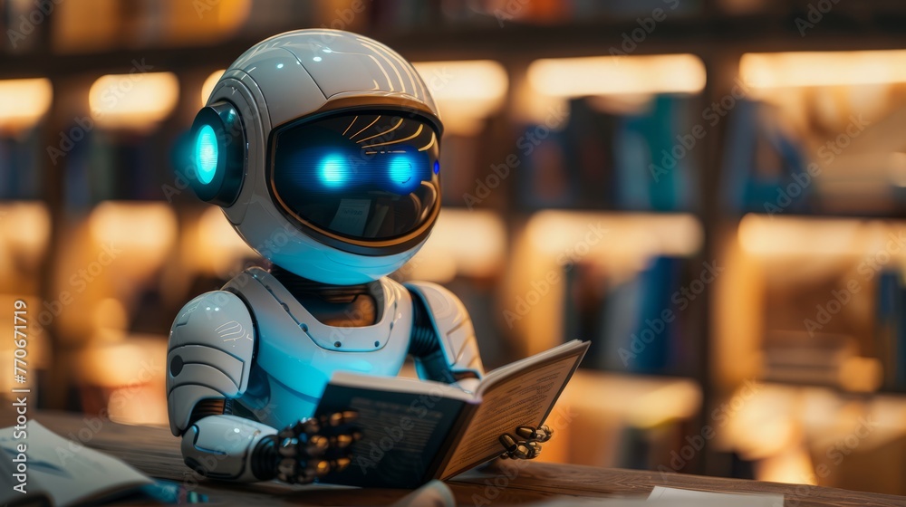 AI robot reading a book in the library. collaboratively studying from a vast array of textbooks. Machine learning, Innovation, futuristic technology concept