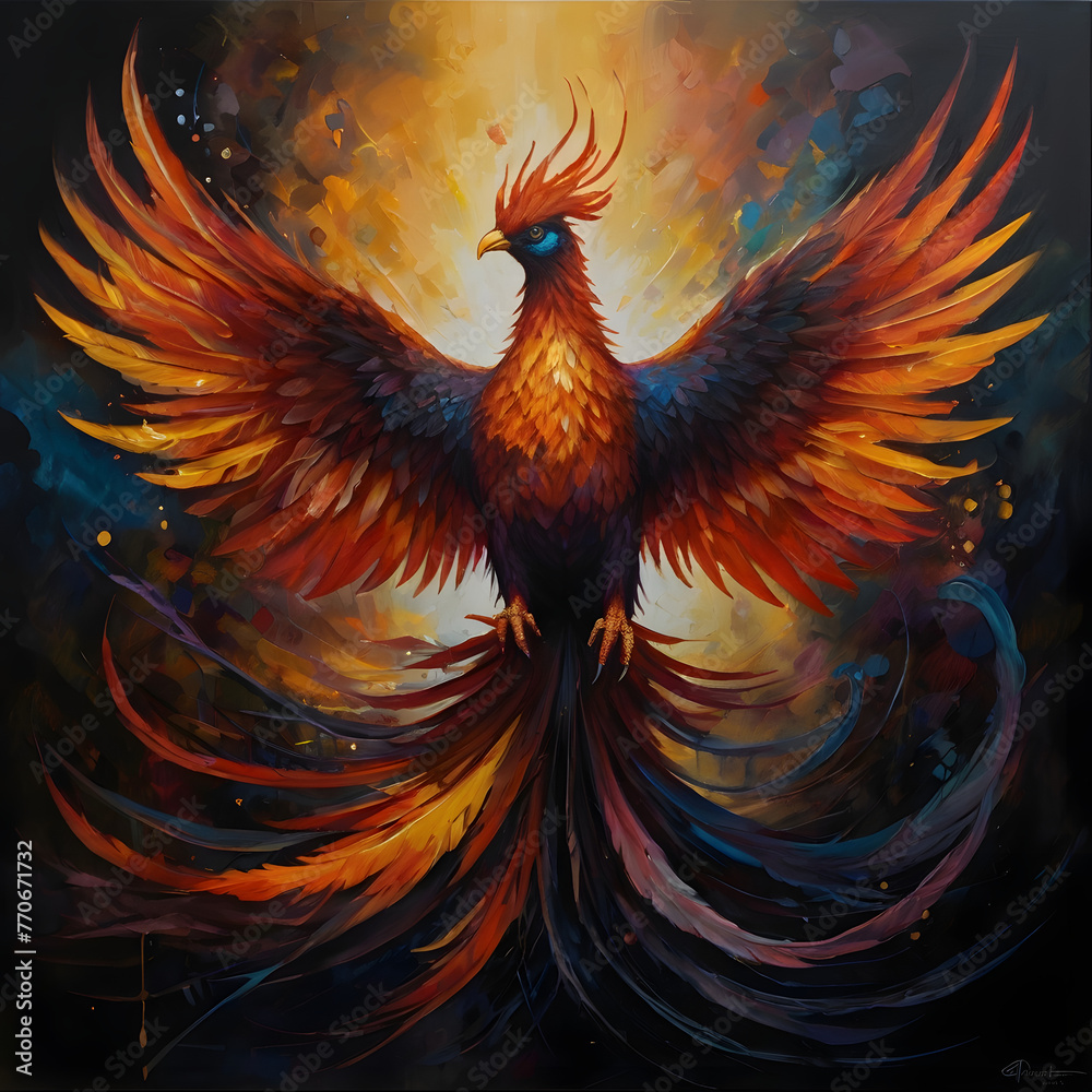 In the depths of a chiaroscuro art of a flaming phoenix  bird