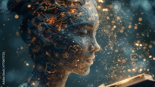 A contemplative book-made face, with icons of knowledge floating in a scholarly halo