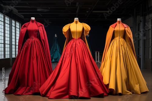 A row of three vibrant cape gowns on mannequins in a tailor shop. 3 retro style formal dresses in red and yellow hues displayed in a garment boutique. AI-generated