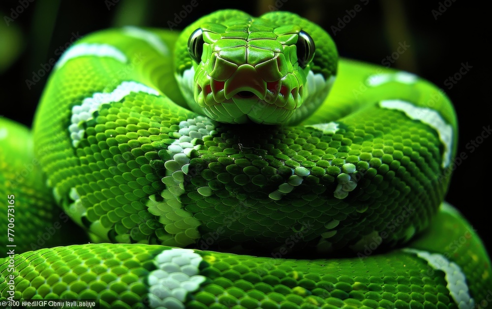 A green snake is curled up and looking at the camera A green snake is curled up and looking at the camera