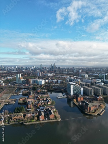 Modern city with many buildings near a body of water