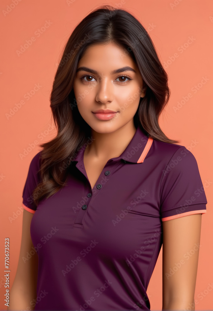 Attractive young woman in a purple polo shirt posing against a peach background, ideal for fashion and cosmetics advertising, International Women's Day content Attractive young woman in a purple polo shirt posing against a peach background, ideal for fashion and cosmetics advertising, International Women's Day content