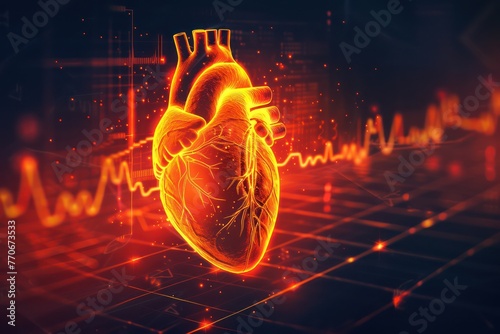 Human heart on ecg graph background 3d illustration