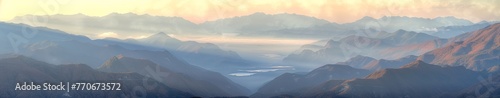 A mountain range with a lake in the foreground and a sky in the background