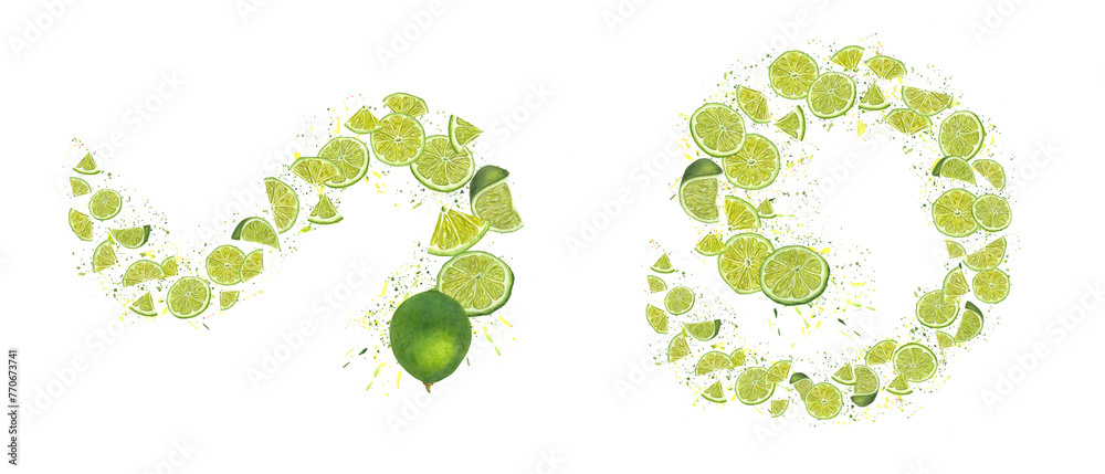 Swirl of lime slices in circular spiral. Ripe citrus fruits on background of splashes of juice. Colored confetti, flying abstract dots. Yellow green swirls. Watercolor illustration of summer fruit Swirl of lime slices in circular spiral. Ripe citrus fruits on background of splashes of juice. Colored confetti, flying abstract dots. Yellow green swirls. Watercolor illustration of summer fruit
