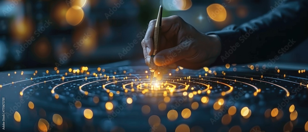 custom made wallpaper toronto digitalBusinessman aims arrow at a virtual target dartboard, precision in setting objectives for business investments visualizes strategic approach to achieving goals and hitting targets in business.