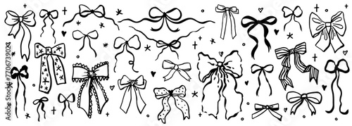 Set of various doodle ink bow knots, gift ribbons. Trendy hair braiding accessory. Hand drawn vector illustration. Minimalist tattoo sketch.  photo