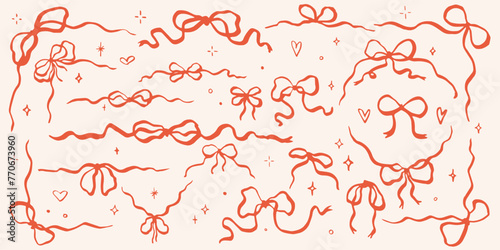 Set of various doodle ink bow knots, gift ribbons. Trendy hair braiding accessory. Hand drawn vector illustration. Minimalist tattoo sketch. 