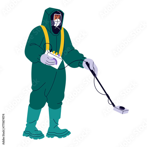 Person in safety suit measures pollution by nuclear radiation with equipment. Worker in respirator from dangerous, hazardous, radioactive air. Flat isolated vector illustration on white background