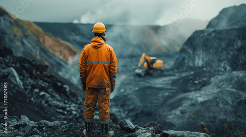 a caste worker against the background of an ore mining quarry photo