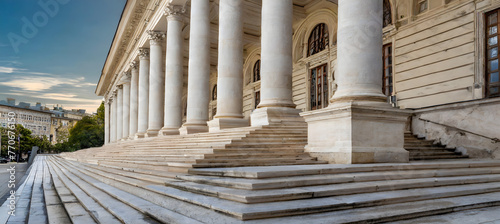Stone pillars row and stairs detail. Classical building facade. Generative AI.