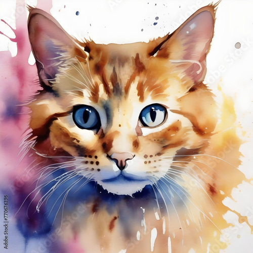 Colourful splash of water colour brown Cat with beautiful blue eyes photo