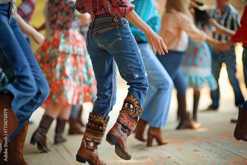 Several individuals in vibrant costumes are standing on a wooden floor, likely at a country hoedown event