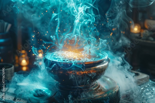 A bowl on a table releasing blue smoke, creating a mystical atmosphere