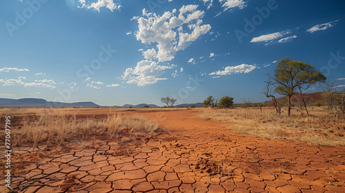 Heatwaves visible over a dry cracked earth landscape with a mirage effect shimmering in the distance illustrating extreme temperatures.