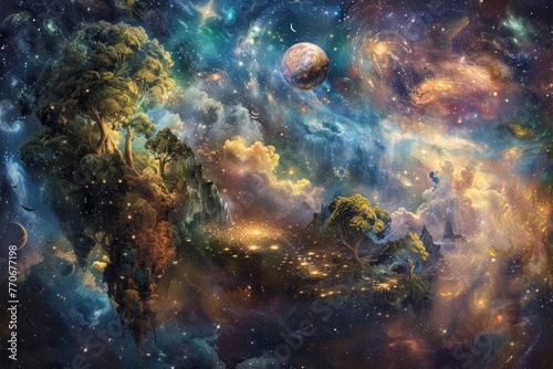 High angle view of a celestial realm with swirling nebulae, sparkling stars, and floating islands inhabited by celestial beings