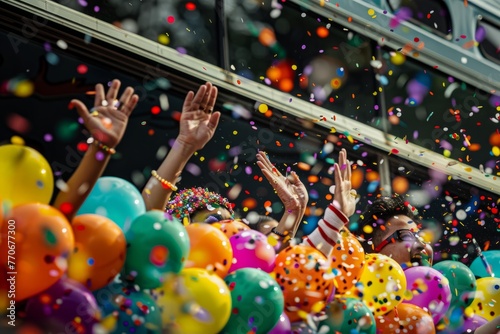 A group of people stands in front of a bus covered in confetti, waving to the crowd celebrating FIRB with cheers photo
