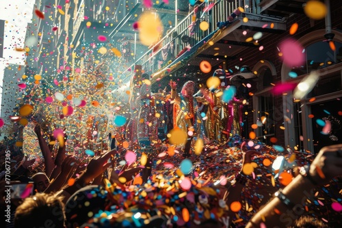 A group of people standing on a street, surrounded by falling confetti, celebrating an event as they interact with the crowd