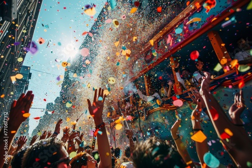 A busy scene as a crowd of people joyfully throw confetti in the air while celebrating at a parade