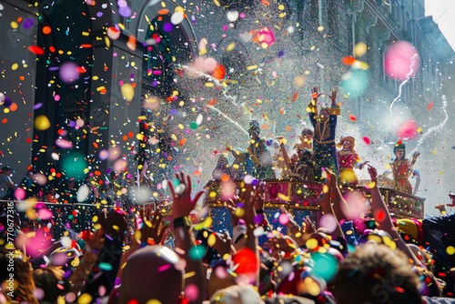 A group of people gathered around a stage covered in confetti, celebrating an event with excitement as confetti falls