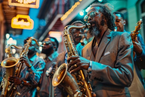 A man in a sharp suit performing on the saxophone as part of a jazz band on the streets of New Orleans