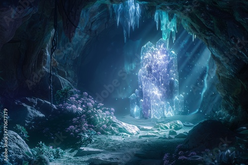 Discover a hidden cave filled with ice and snow, leading to an underground realm adorned with glowing crystals and bioluminescent flora