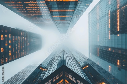 A group of tall buildings with sleek glass facades and geometric designs stand out in the middle of a foggy sky