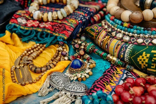 Various types of colorful bracelets from different cultures displayed on a table, showcasing cultural diversity and traditions