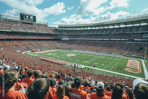 A vibrant scene at a college football stadium as enthusiastic fans cheer for their team during a game