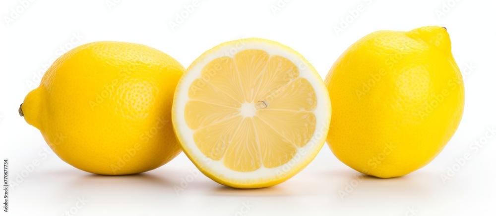 Three lemons, including a Meyer lemon, a Rangpur, and a Clementine, are arranged on a white surface. Lemon peel can be used as an ingredient in various food recipes