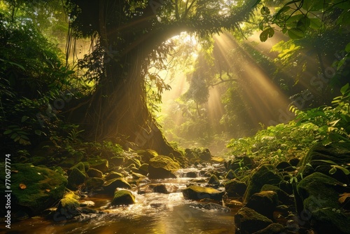 A mystical forest with towering ancient trees, a sparkling stream flowing through lush greenery under ethereal light