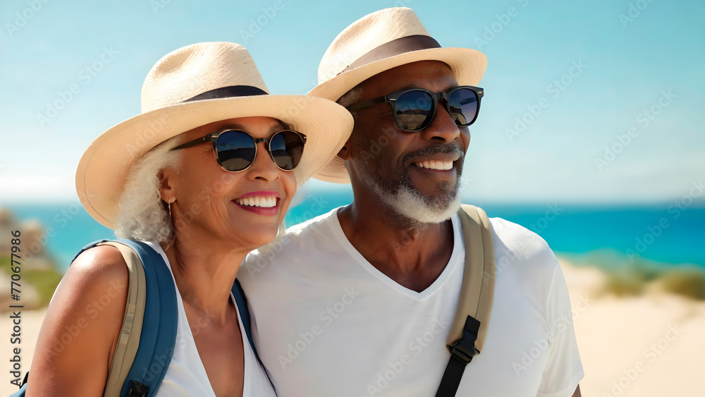mature african american couple enjoying summer beach vacation having fun with hat, sunglasses and backpacks strolling along the seashore outdoors. Concept of vacation and retirement