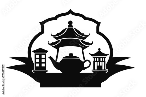 chinese tea set light silhouette logo black vector.eps