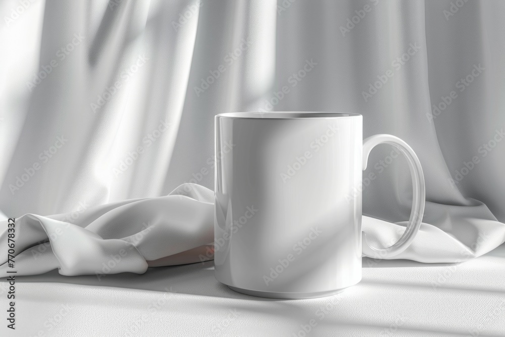 An elegant white mug sits against a luxurious draped white silk backdrop, emanating simplicity and sophistication An elegant white mug sits against a luxurious draped white silk backdrop, emanating simplicity and sophistication