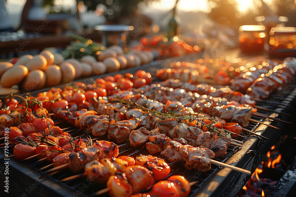 Grill with many different types of food, barbecue, grilled, freshness, cooking