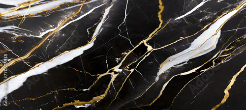 Panel kuchenny z motywem Textured of the black marble background. Gold and white patterned natural of dark gray marble. Generative AI.