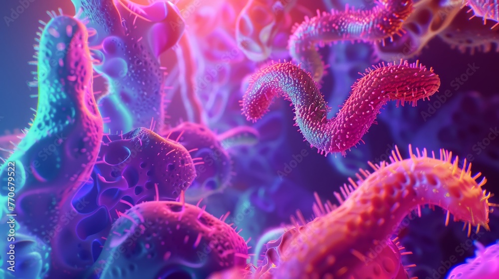 Obraz premium Complex carbohydrates in vibrant action, neon highlights, worms eye view, 3D animation style