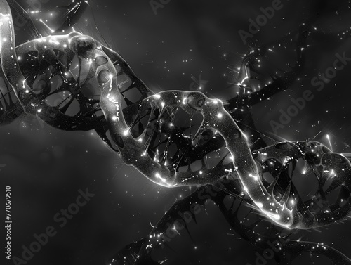 CiliaChromosome with DNA details illuminated, starlight effect, extreme closeup, monochrome sketch style photo