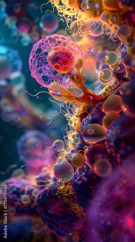 LysosomeAbstract interpretation of a nucleus and mitochondria, bold colors, low angle, dreamy lighting LysosomeAbstract interpretation of a nucleus and mitochondria, bold colors, low angle, dreamy lighting