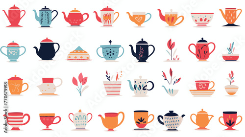 Hand drawn teapot and cup collection. Doodle tea cu