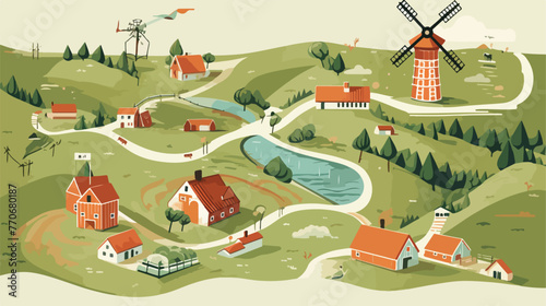 Fototapeta Naklejka Na Ścianę i Meble -  Hand drawn village landscape map with windmill 