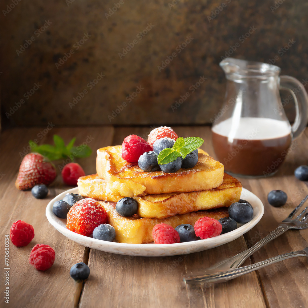 plate of french toasts with fresh berries on a wooden table plate of french toasts with fresh berries on a wooden table