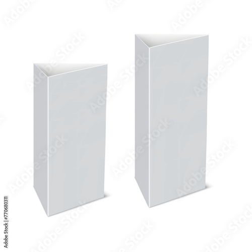 Table talker template. White blank triangular 3 panel paper countertop pop banner stand. Realistic mockup. Menu or other information display vector mock-up