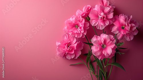 Bouquet of bright pink flowers on a pink background with space for text.
