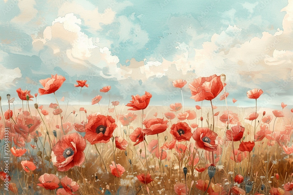 Watercolor poppy landscape pastel hues blooming field nature scene soft light panoramic view - obrazy, fototapety, plakaty 