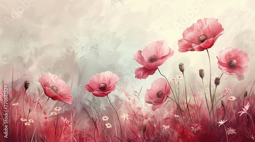 Blooming poppy watercolor pastel and soft nature backdrop daylight scene panoramic landscape