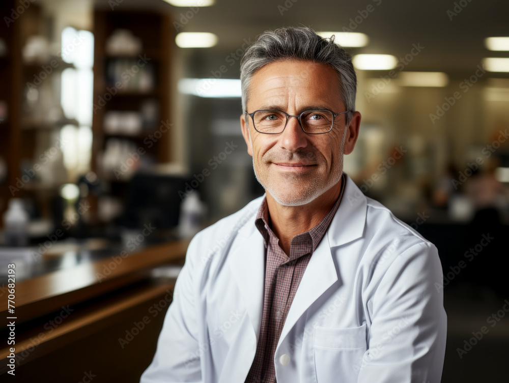 Fototapeta premium A poised and professional middle-aged medical practitioner in glasses against a blurred background. Generative AI